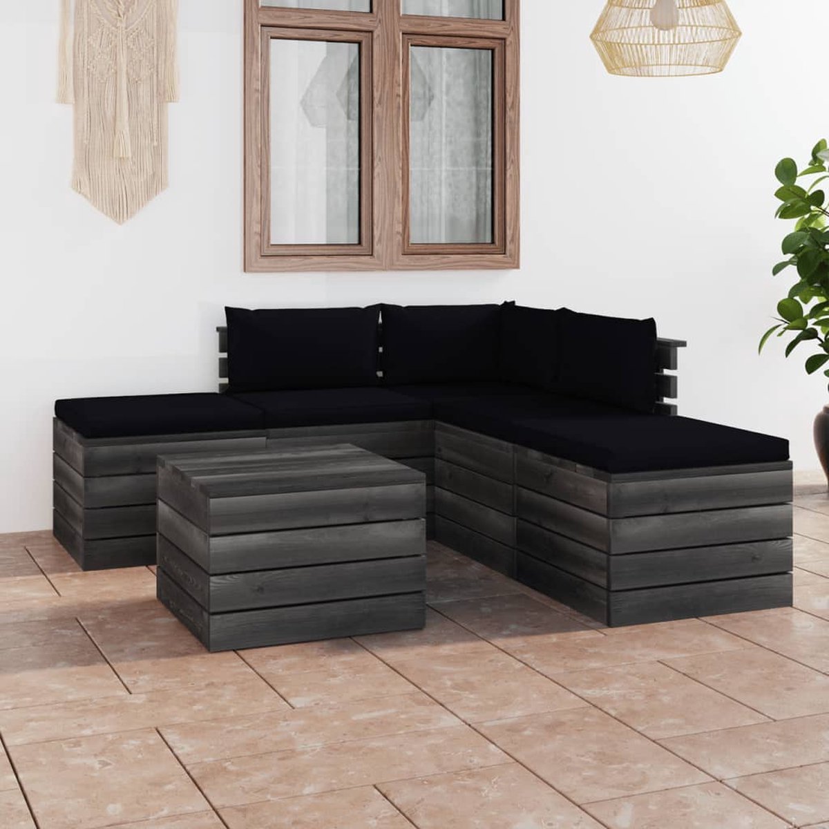 Vidaxl 6-delige Loungeset Met Kussens Pallet Massief Grenenhout - Zwart