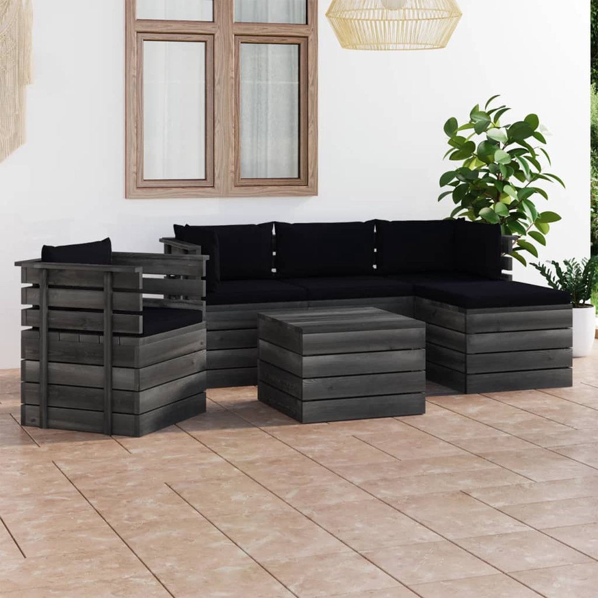 Vidaxl 6-delige Loungeset Met Kussens Pallet Massief Grenenhout - Zwart