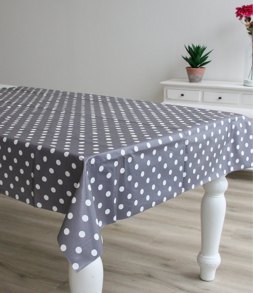 Bellatio Design Tafelzeil/tafelkleed Met Witte Stippen 140 X 250 Cm - Tuintafelkleed - Tafeldecoratie Met Stipjes Print - Grijs