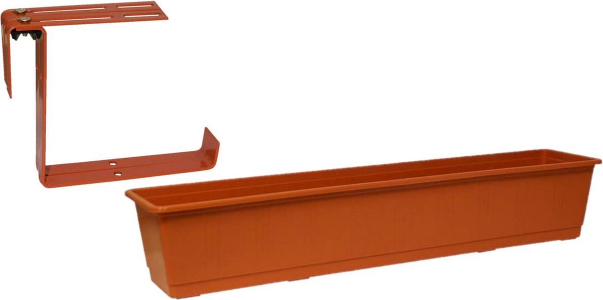 Geli Kunststof Plantenbak Terracotta Rechthoekig 80 Cm Met 2 Verstelbare Railing Beugels - Bruin