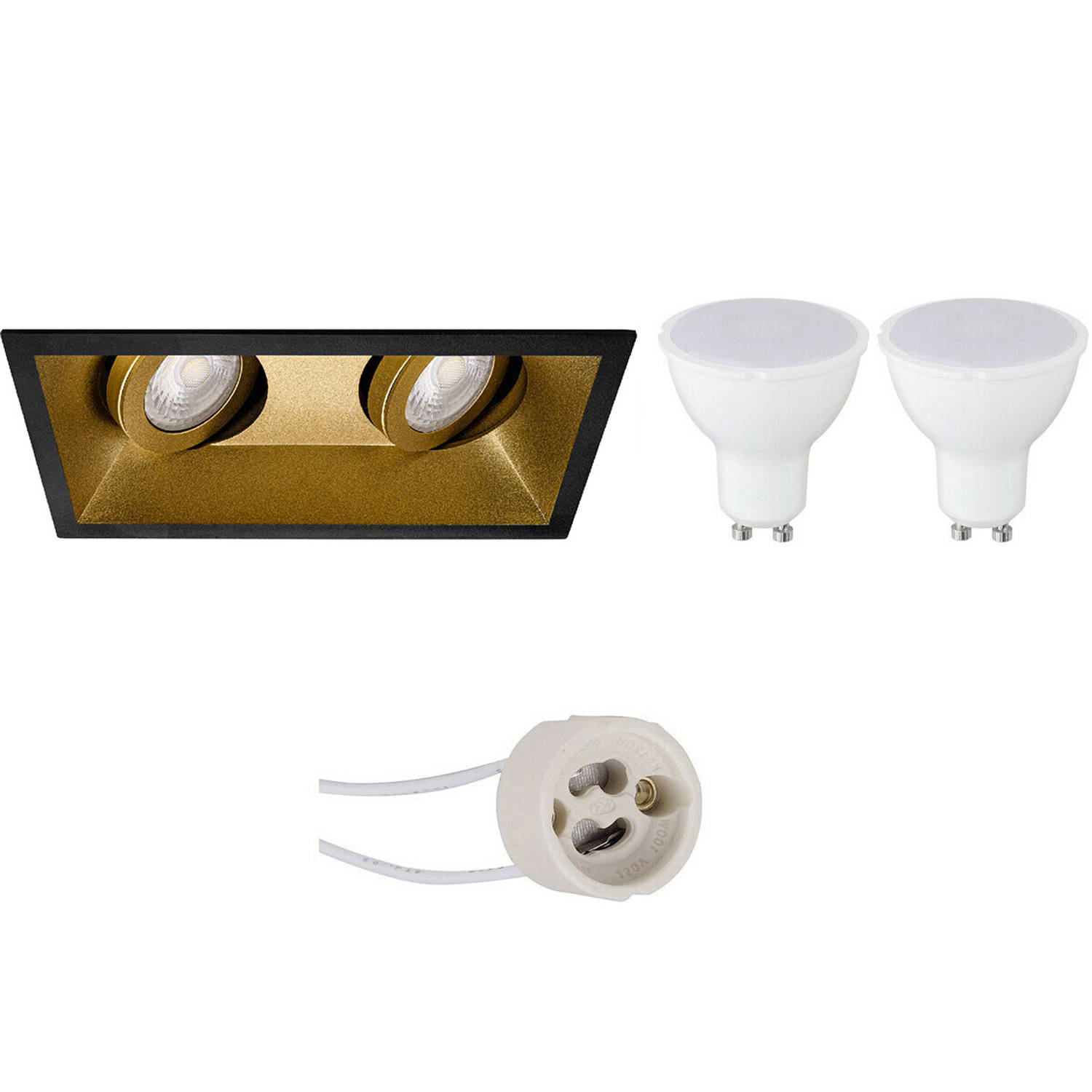 BES LED Led Spot Set - Pragmi Zano Pro - Gu10 Fitting - Inbouw Rechthoek Dubbel - Mat/goud - 4w - Warm Wit 3000k - - Zwart