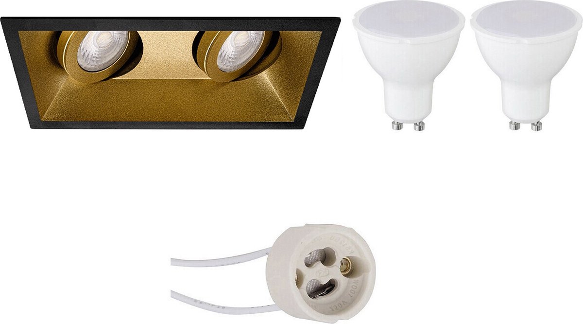 BES LED Led Spot Set - Pragmi Zano Pro - Gu10 Fitting - Inbouw Rechthoek Dubbel - Mat/goud - 4w - Helder/koud Wit 6400k - - Zwart