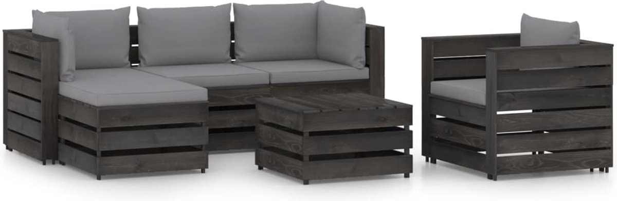 Vidaxl 6-delige Loungeset Met Kussens Geïmpregneerd Hout - Grijs