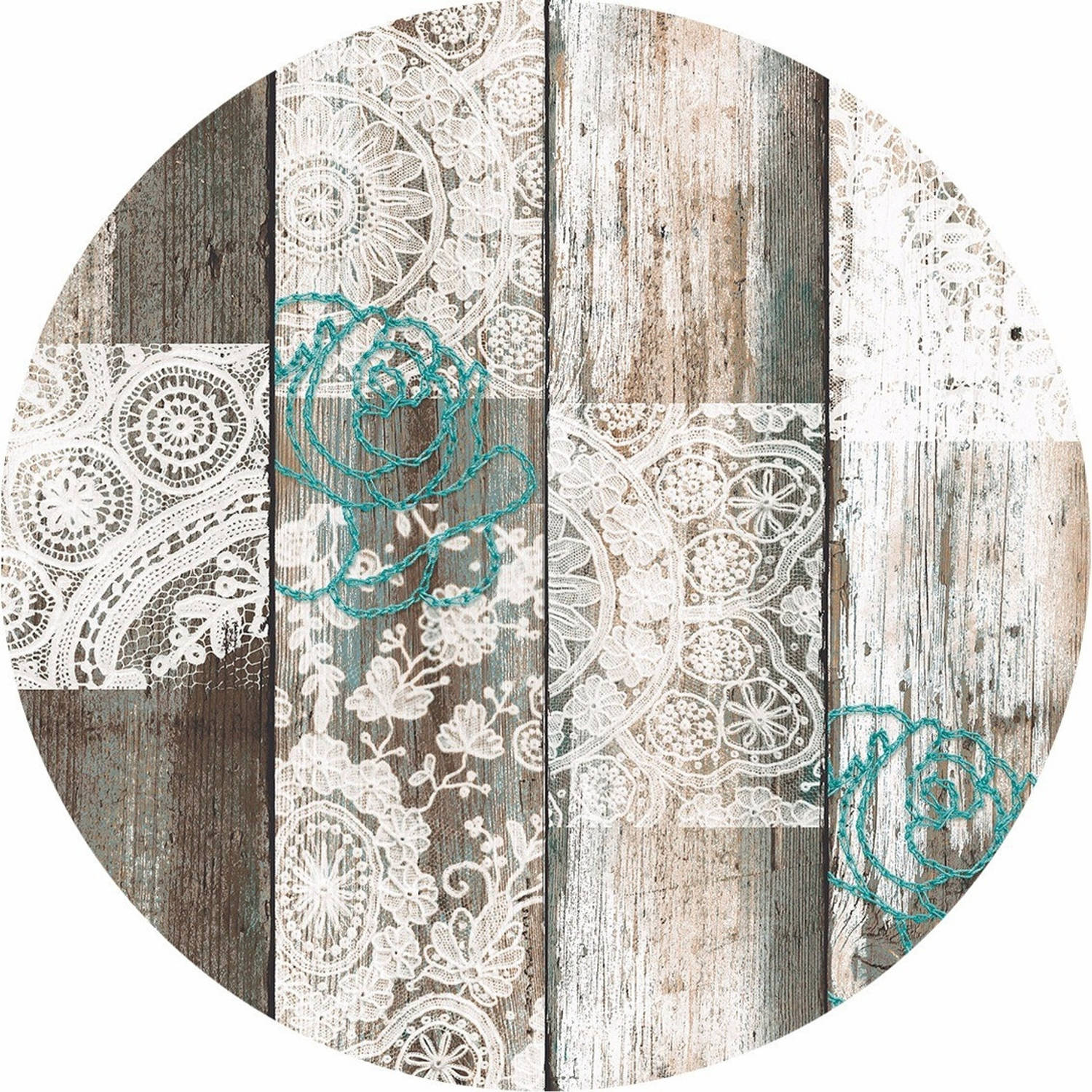 Bellatio Design Tafelzeil/tafelkleed Houten Planken Met Kant Print 160 Cm Rond - Tuintafelkleed - Houtlook