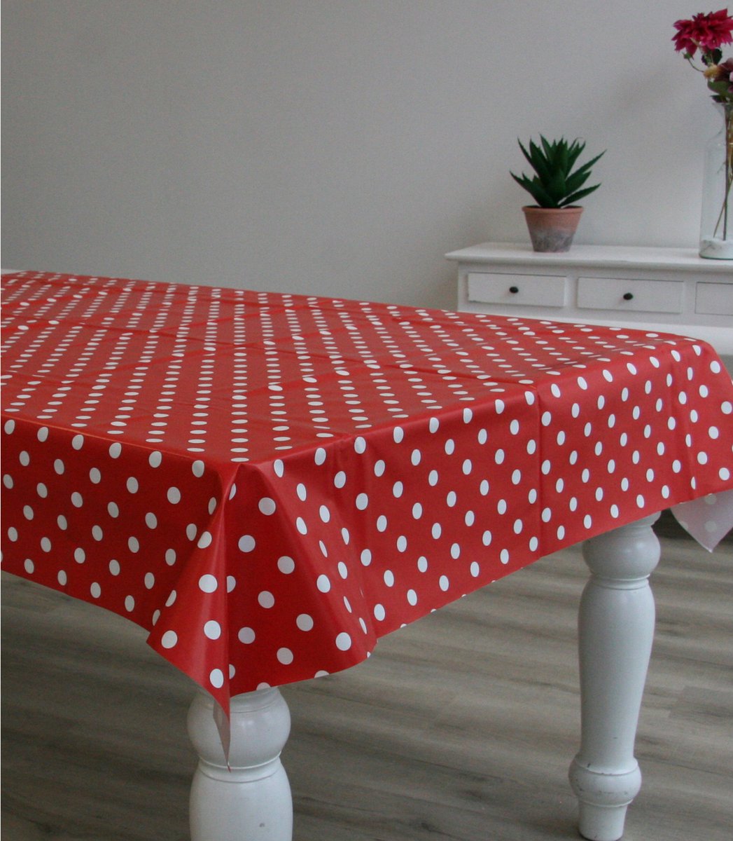 Bellatio Design Tafelzeil/tafelkleed Met Witte Stippen 140 X 300 Cm - Tuintafelkleed - Tafeldecoratie Met Stipjes Print - Rood