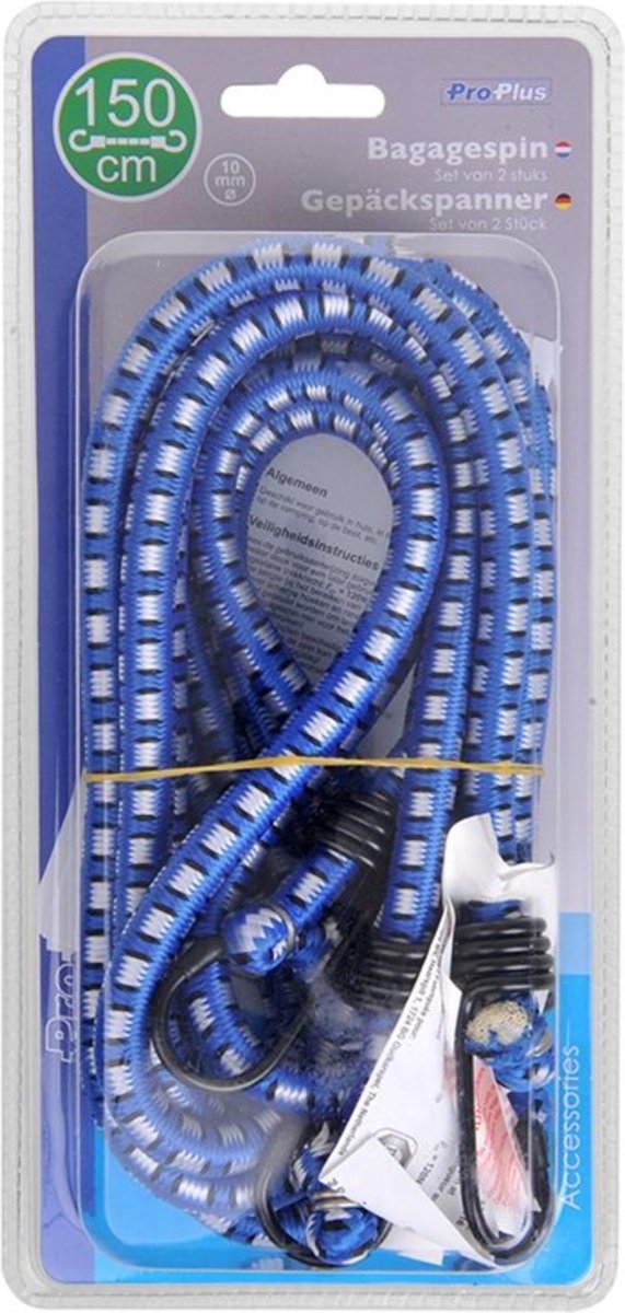 PROPLUS Bagagespin/snelbinders Set Van 2x Stuks Met Haken 150 Cm - Elastisch - Voor Fiets/motor/aanhanger - Blauw