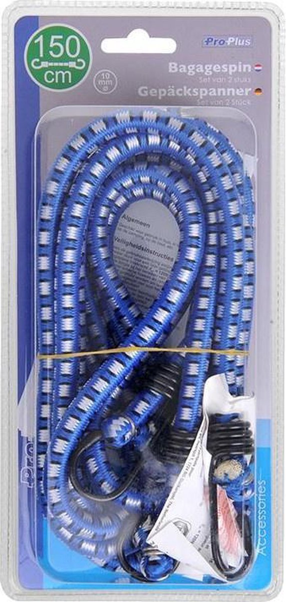 PROPLUS Bagagespin/snelbinders Set Van 2x Stuks Met Haken 150 Cm - Elastisch - Voor Fiets/motor/aanhanger - Blauw