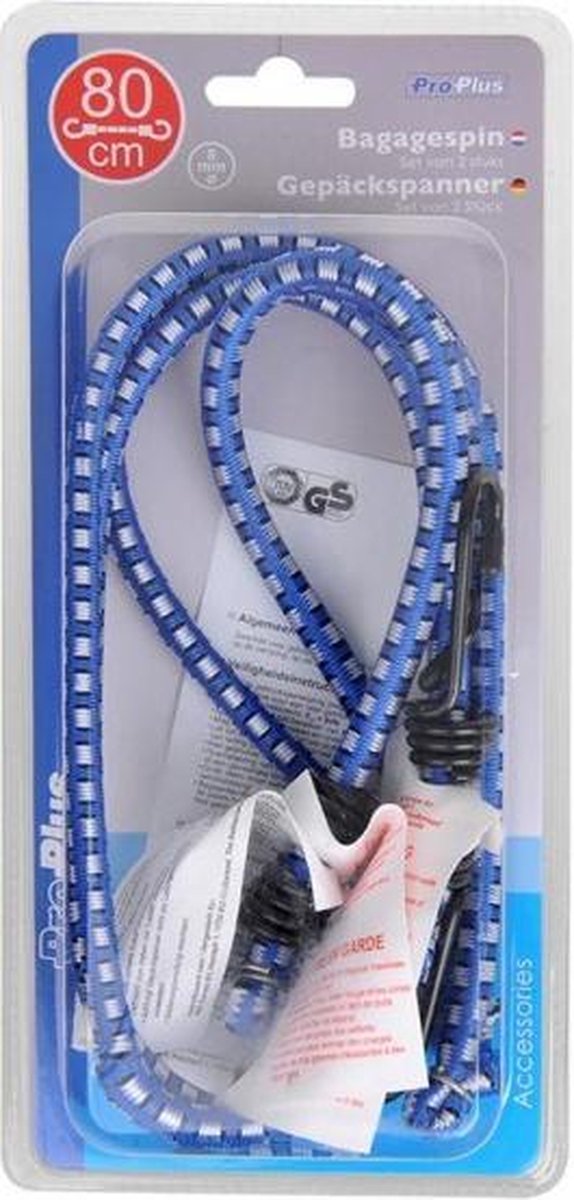 PROPLUS Bagagespin/snelbinders Set Van 2x Stuks Met Haken 80 Cm - Elastisch - Voor Fiets/motor/aanhanger - Blauw