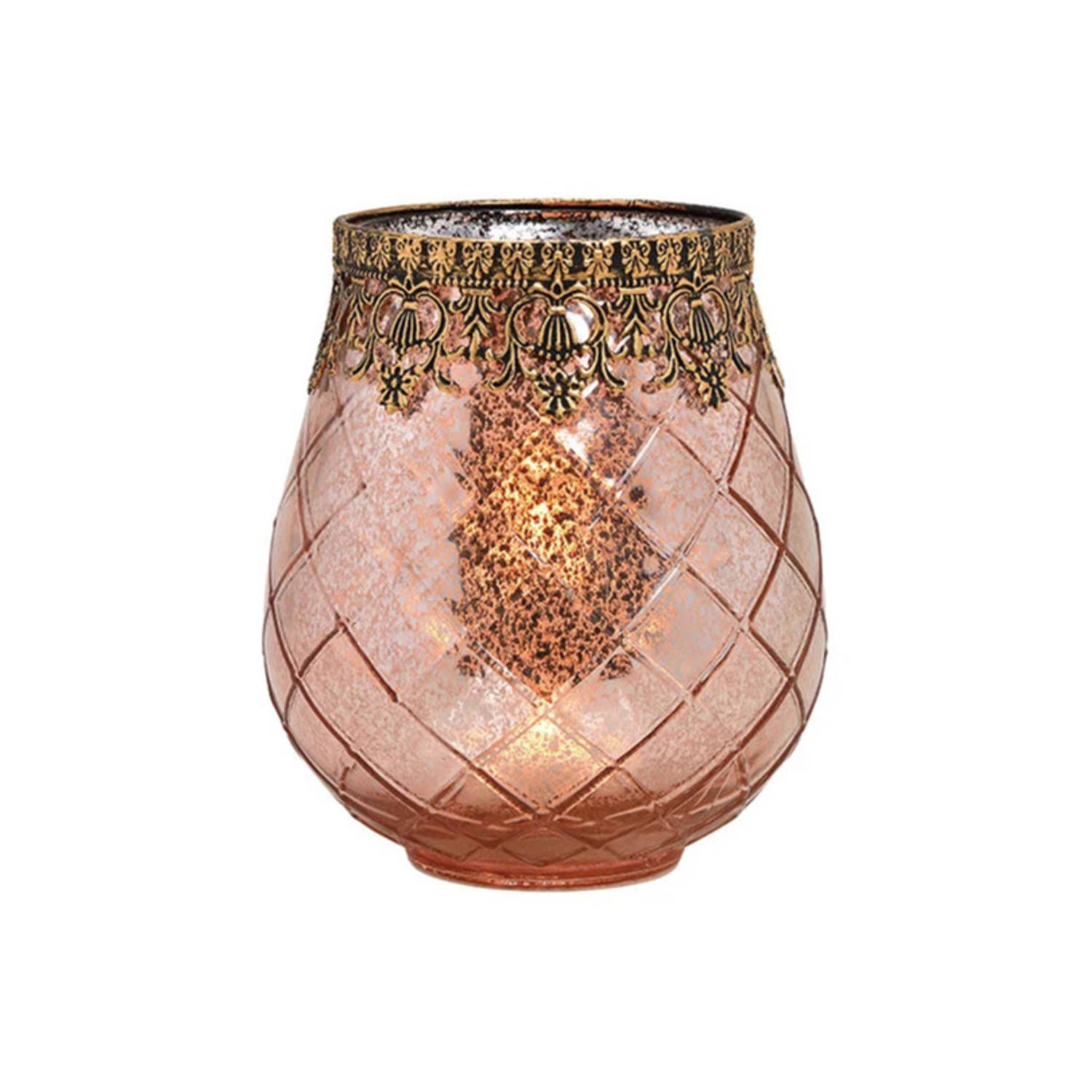 Bellatio Design Glazen Design Windlicht/kaarsenhouder In De Kleur Rose Goud Met Formaat 16 X 18 X 16 Cm - Voor Waxinelichtjes - Roze