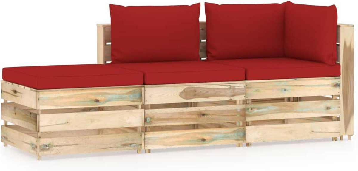 Vidaxl 3-delige Loungeset Met Kussens Geïmpregneerd Hout - Rood