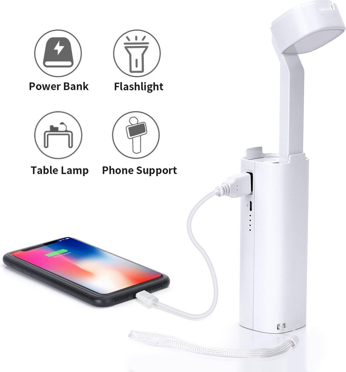 Aigostar Ivory - Multifunctionele Led Bureaulamp 3-in1 Zaklamp, Telefoonhouder, Powerbank (4400ma) - Wit