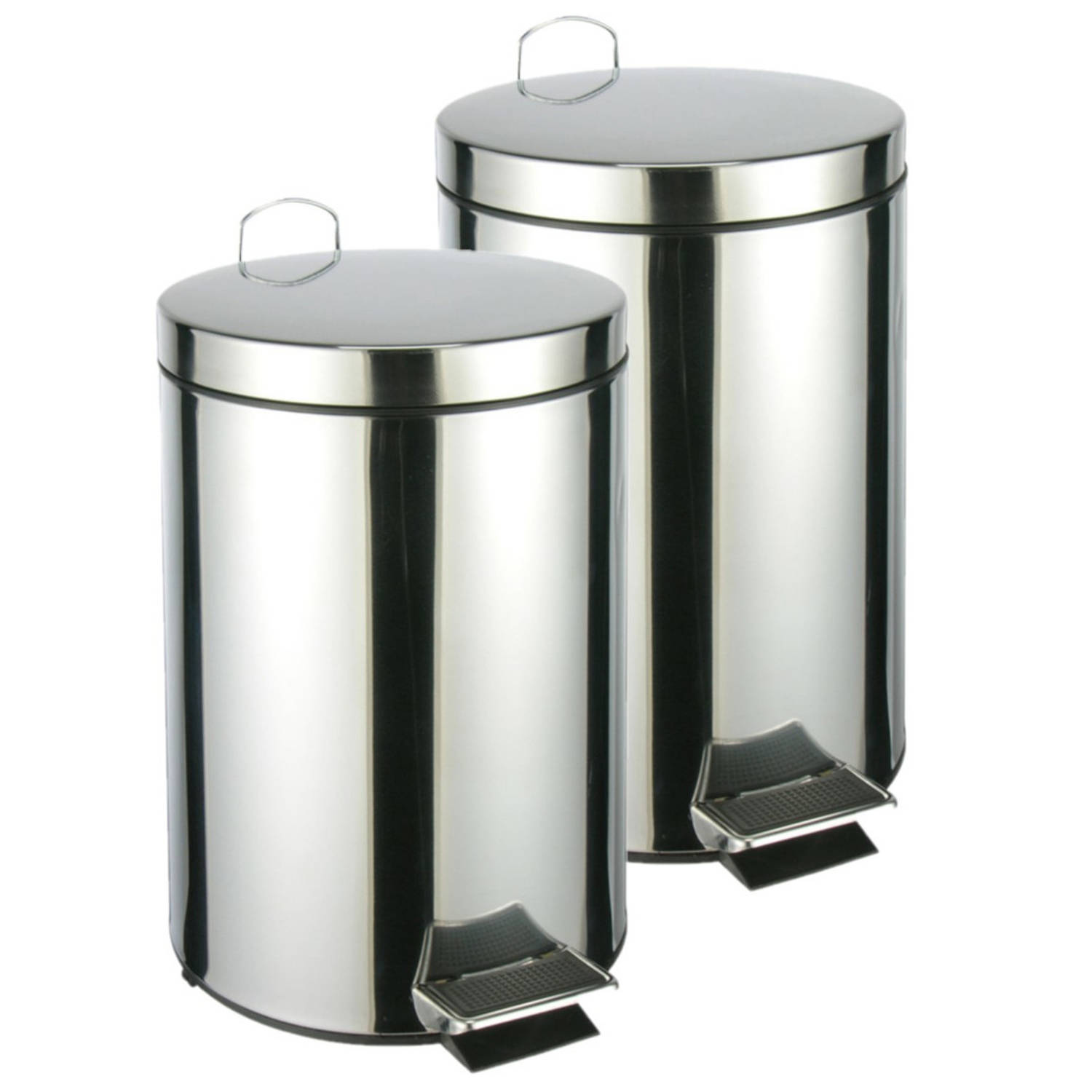 2x Stuks Rvs Pedaalemmers/vuilnisbakken 40 Cm 12 Liter - Afvalemmers Badkamer/toilet/keuken - Silver