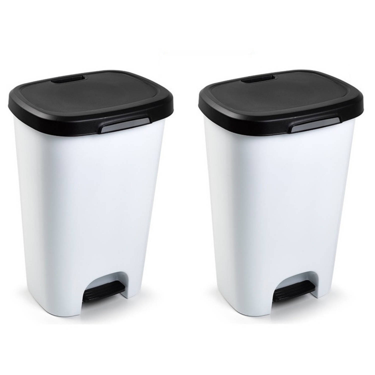 Forte Plastics 2x Stuks Kunststof Afvalemmers/vuilnisemmers 50 Liter Met Zwarte Deksel En Pedaal - Vuilnisbakken/prullenbakken - Wit