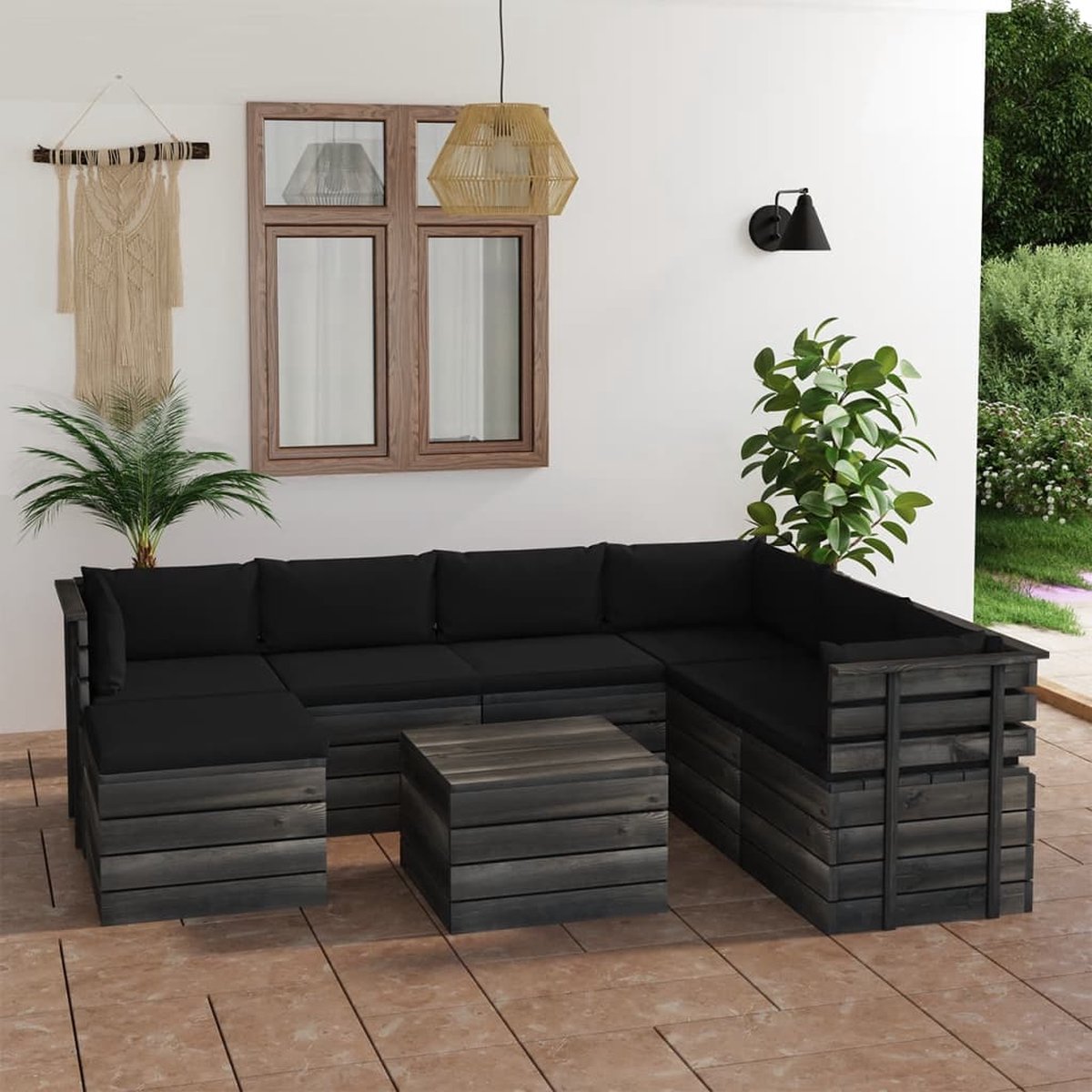 Vidaxl 8-delige Loungeset Pallet Met Kussens Massief Grenenhout - Zwart