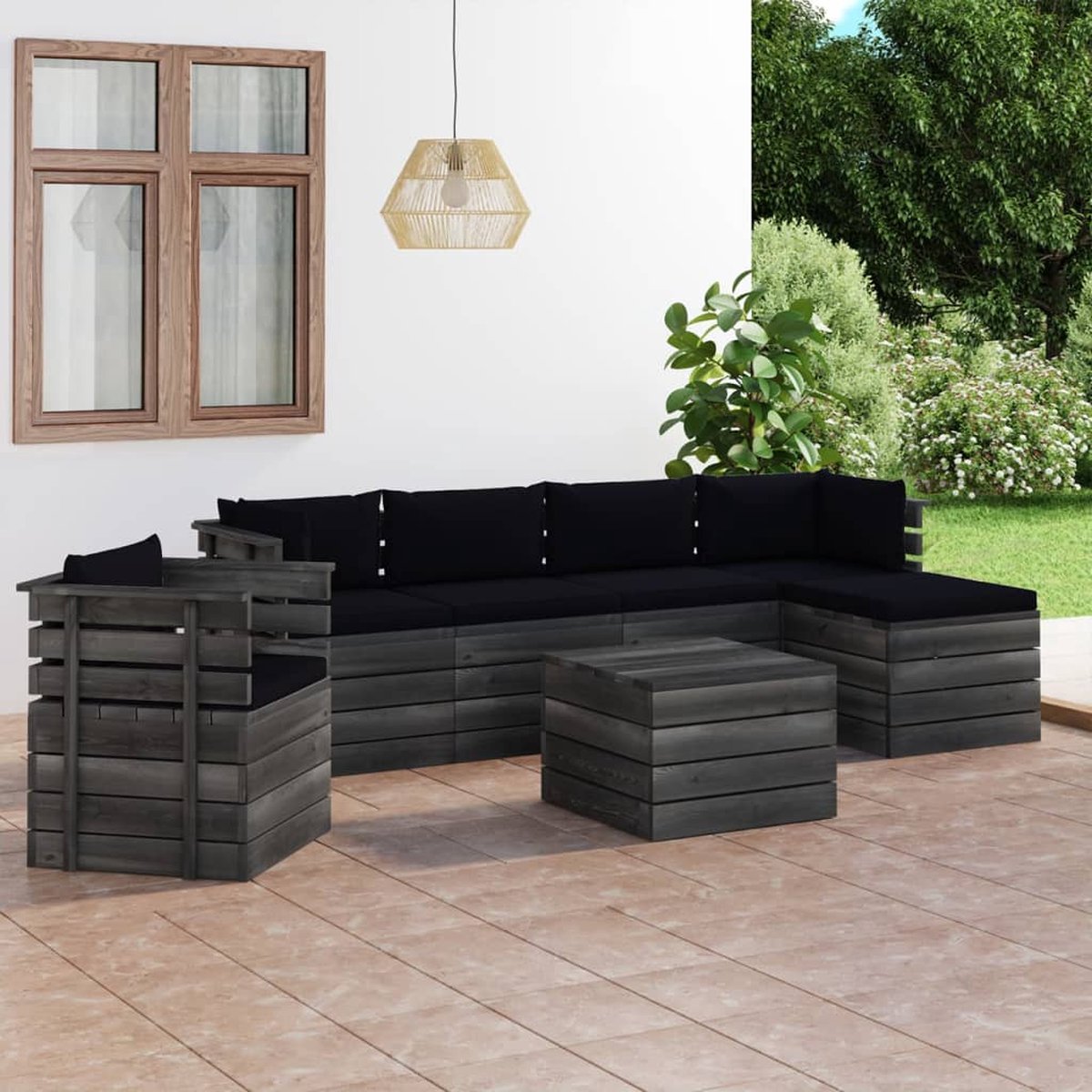 Vidaxl 7-delige Loungeset Met Kussens Pallet Massief Grenenhout - Zwart