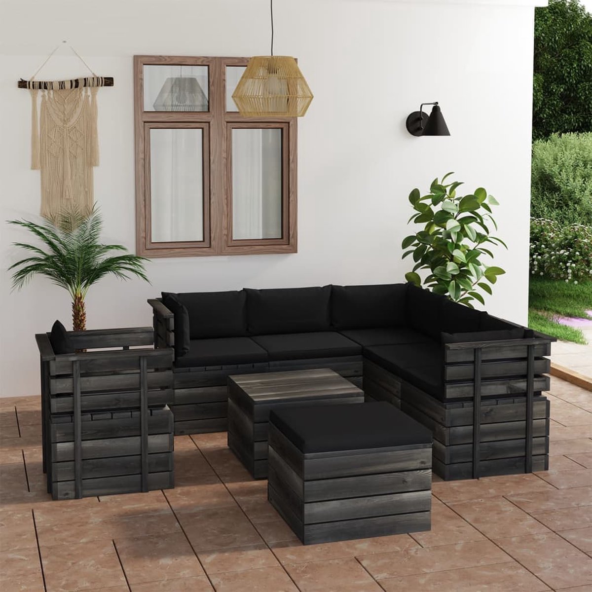 Vidaxl 8-delige Loungeset Met Kussens Pallet Massief Grenenhout - Zwart