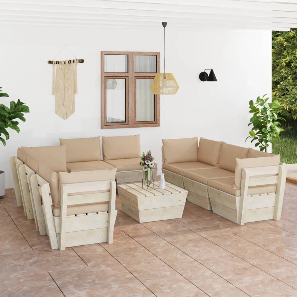 Vidaxl 9-delige Loungeset Met Kussens Pallet Vurenhout - Beige