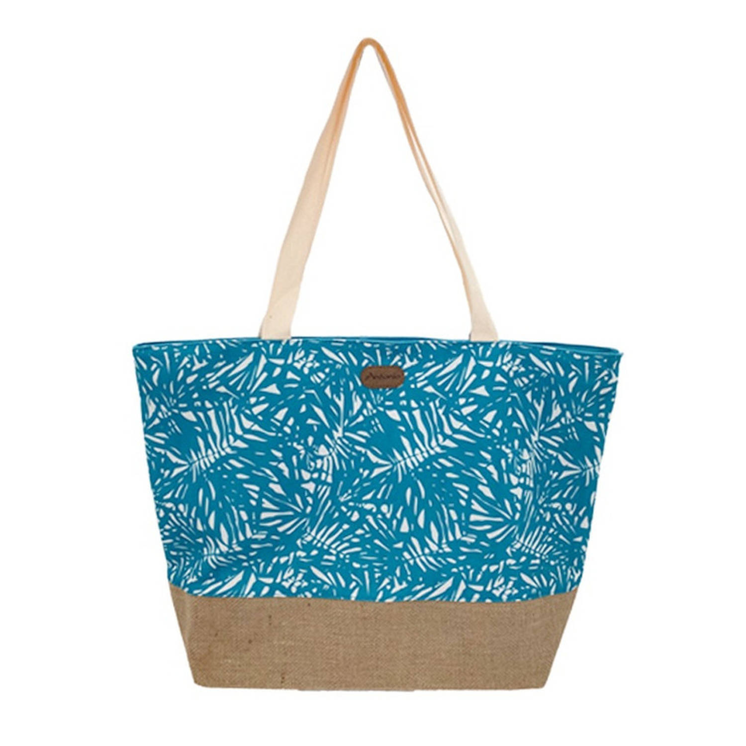 Antonio World Fashion Strandtas Palmbladeren 37 X 39 Cm - Strandshoppers/boodschappentassen Van Linnen - Blauw