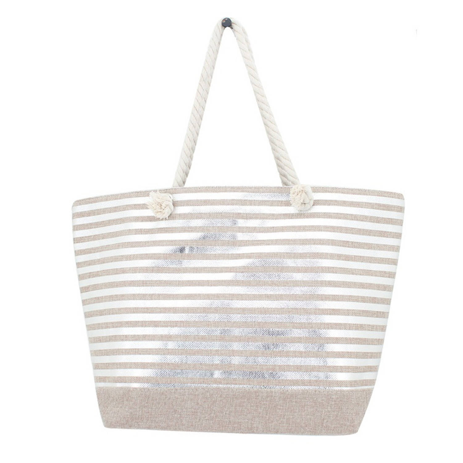 Skandinavian Strandtas Gestreept Zilver Glanzend 33 X 53 Cm - Strandshoppers/boodschappentassen Van Polyester - Silver