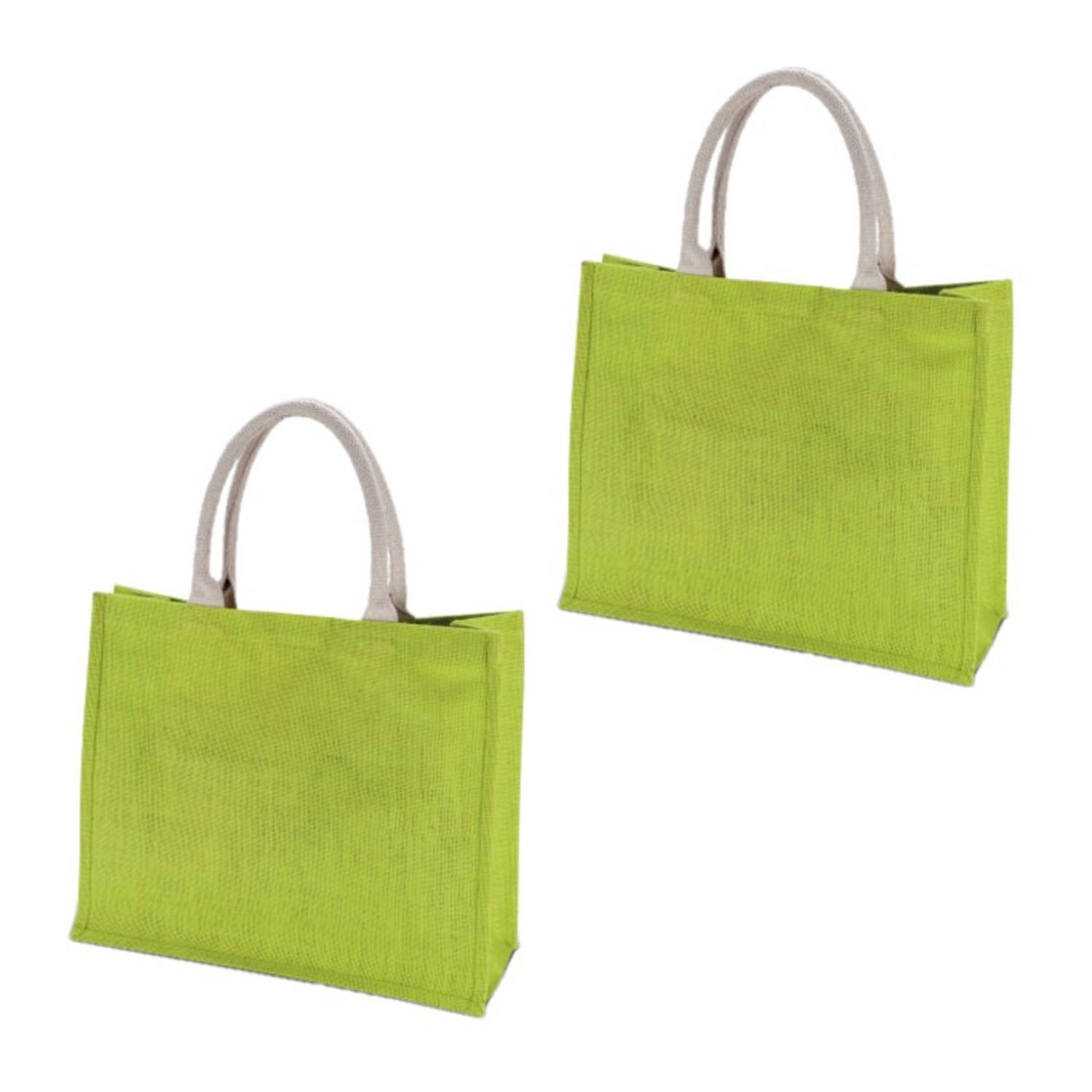 Kimood 2x Stuks Jute Limee Boodschappentassen 42 Cm - Shoppers - Groen