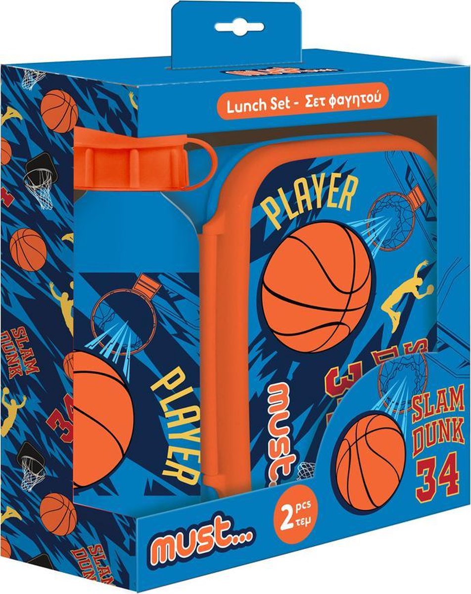 Must lunchset Basketball polypropyleen/blauw 3 delig - Oranje