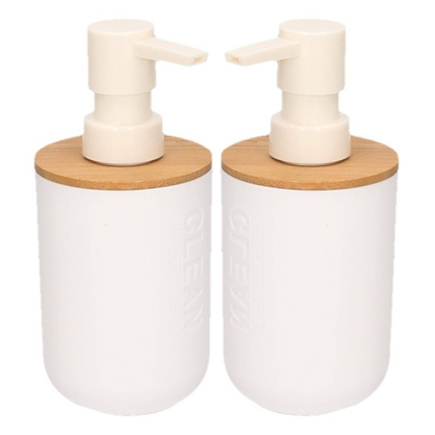 2xte Zeeppompjes Met Bamboe 16,5 Cm - 300 Ml - Badkamer/toilet Accessoires - Zeeppompjes Navulbaar - Wit