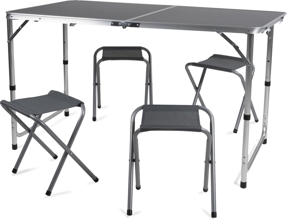 Camp Active Campactive Campingtafelset - Campingtafel Met 4 Krukjes - Inklapbaar - Lichtgewicht - Compact - Stevig - - Grijs