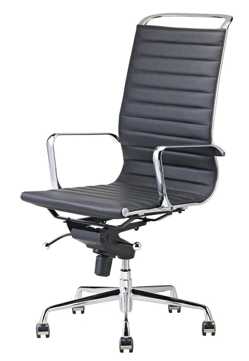 Feel Furniture - Luxe Design Bureaustoel Van 100% Rundleer - Hoge Rugleuning - - Zwart