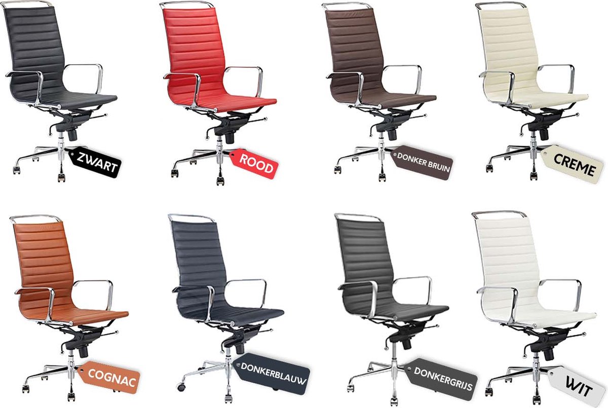 Feel Furniture - Luxe Design Bureaustoel Van 100% Rundleer - Hoge Rugleuning - - Zwart