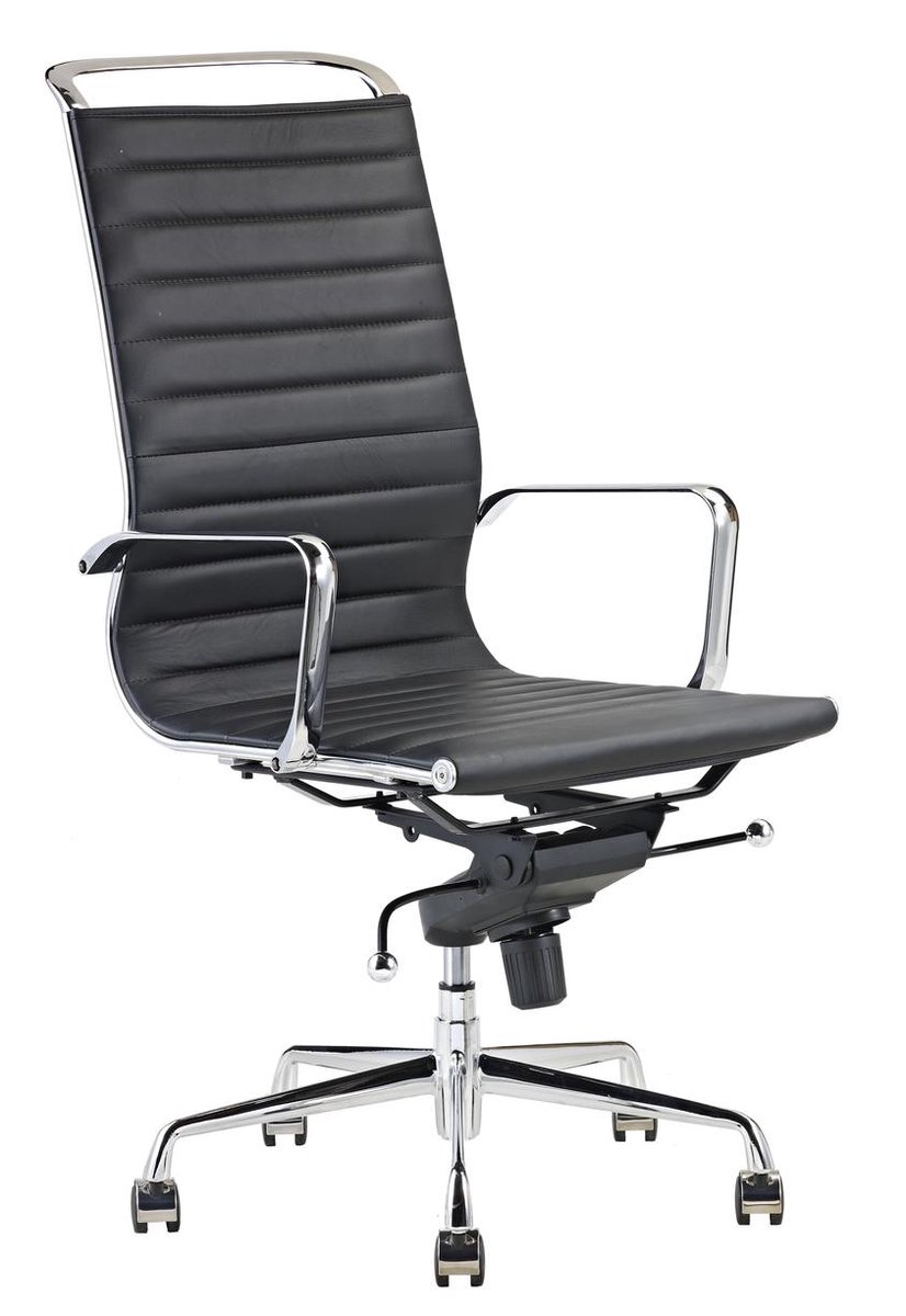 Feel Furniture - Luxe Design Bureaustoel Van 100% Rundleer - Hoge Rugleuning - - Zwart
