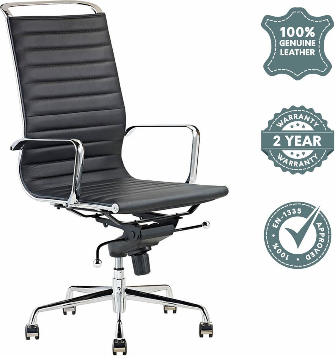 Feel Furniture - Luxe Design Bureaustoel Van 100% Rundleer - Hoge Rugleuning - - Zwart
