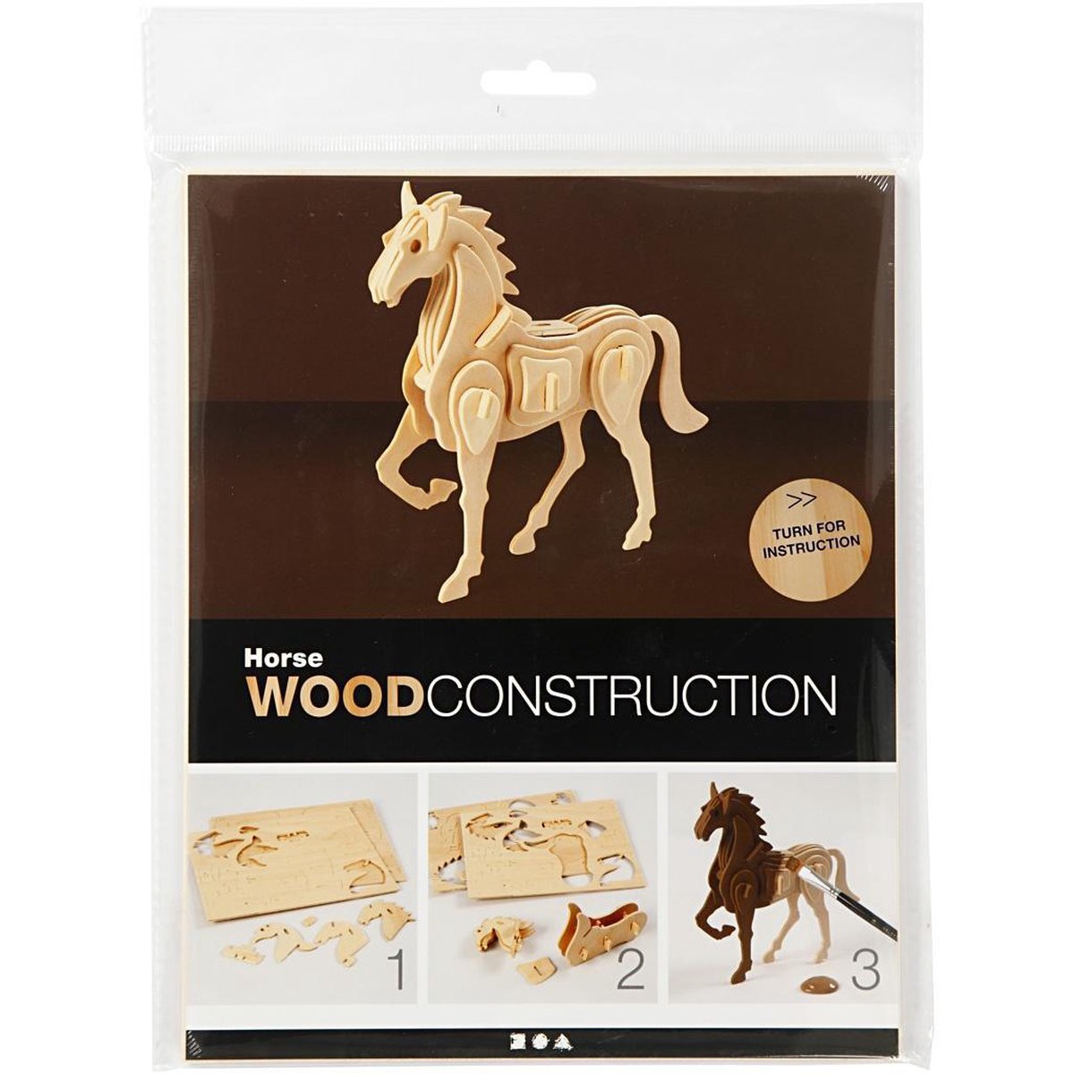 Creotime 3D Houten constructie set paard 18 x 4,5 x 16 cm - Bruin
