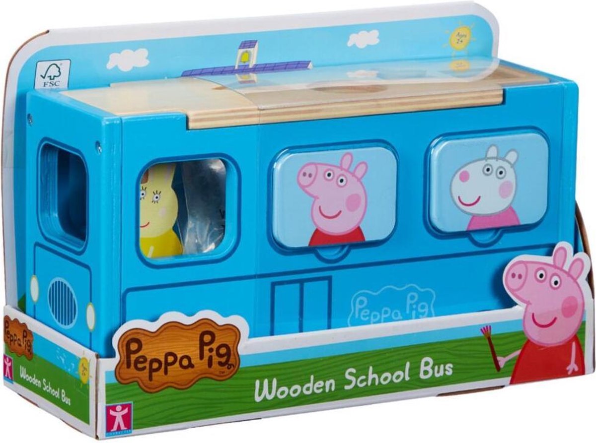 Peppa Pig speelgoedbus junior 23,5 x 8 cm hout 11 delig - Blauw