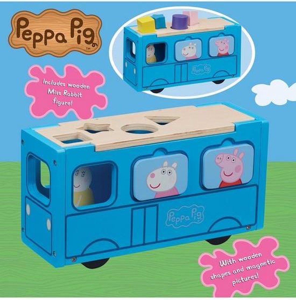 Peppa Pig speelgoedbus junior 23,5 x 8 cm hout 11 delig - Blauw