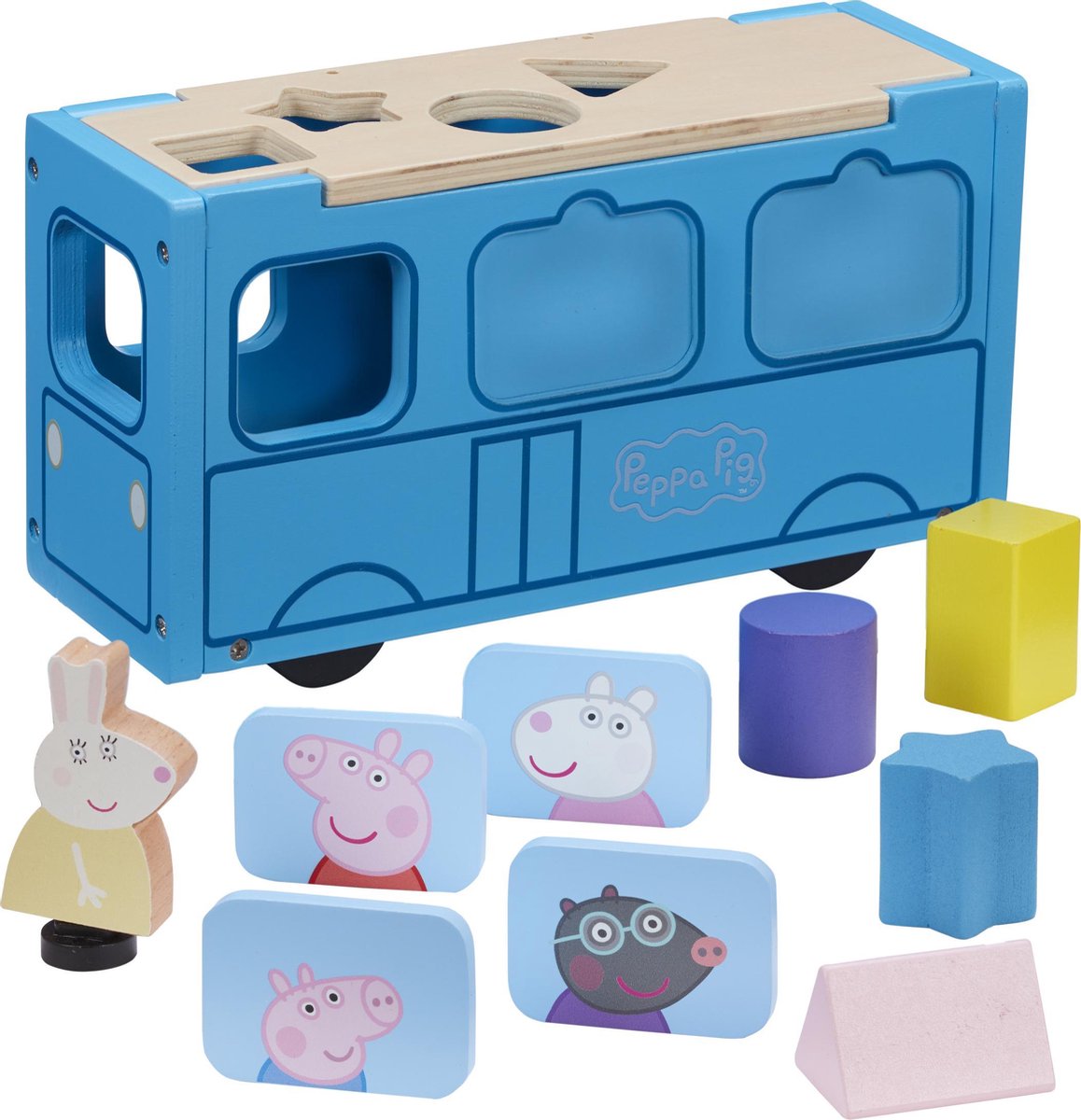 Peppa Pig speelgoedbus junior 23,5 x 8 cm hout 11 delig - Blauw