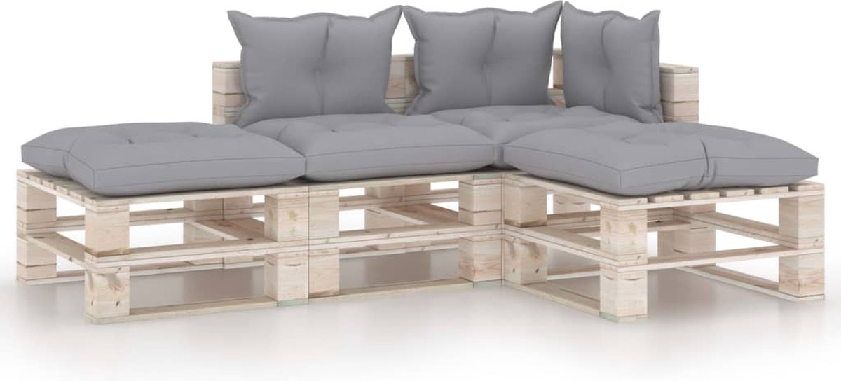 Vidaxl 4-delige Loungeset Met Kussens Pallet Grenenhout - Grijs