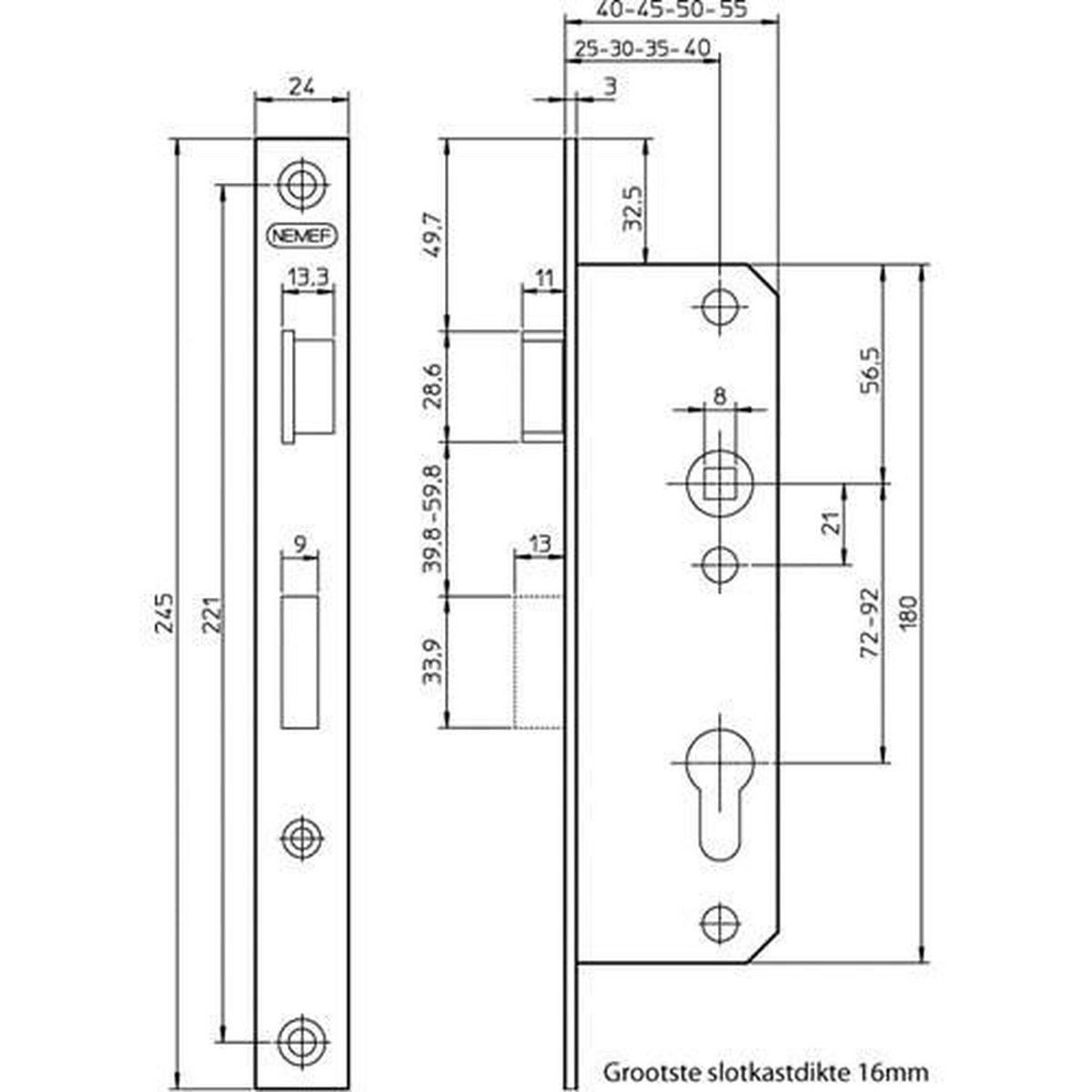 Nemef Deurslot 8691/14-25Mm Ls Deurslot 8691/14-25Mm Afstand 72Mm - Vpl 24X2 - 9869114252
