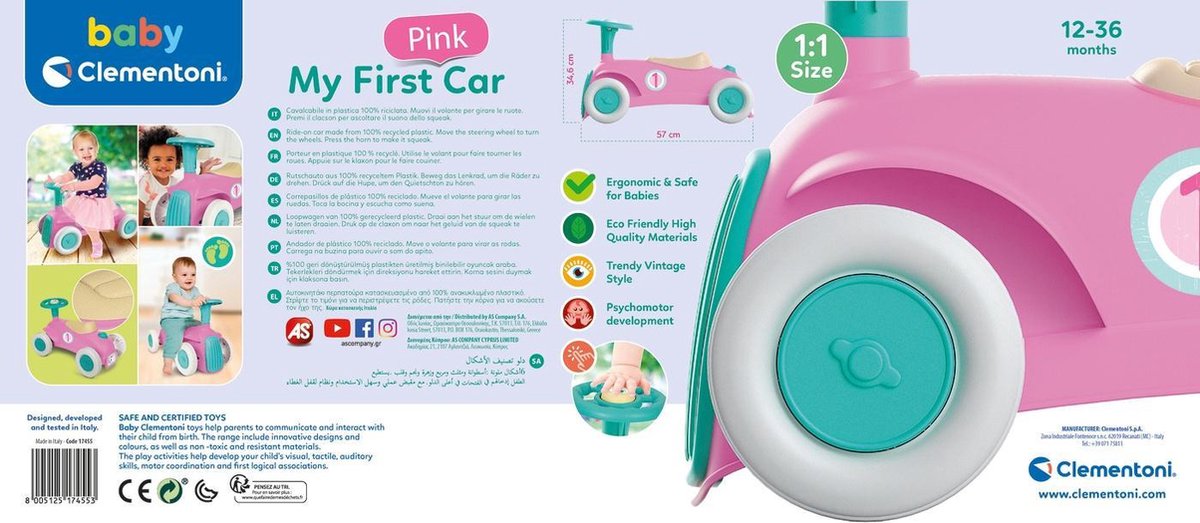 Clementoni loopauto Vintage junior kunststof 58,5 x 25 x 16 cm - Roze