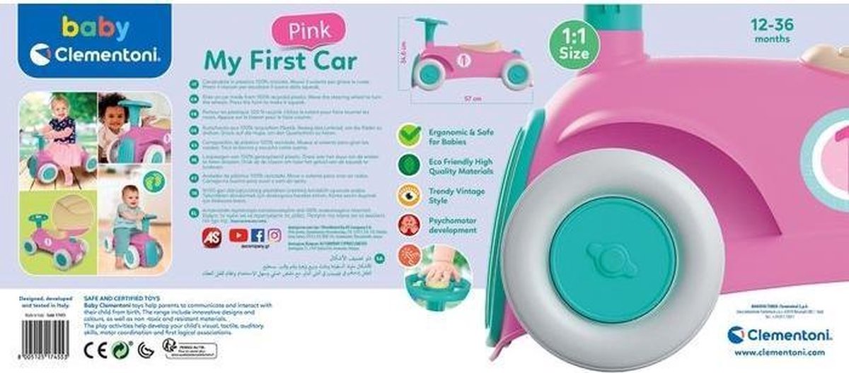 Clementoni loopauto Vintage junior kunststof 58,5 x 25 x 16 cm - Roze