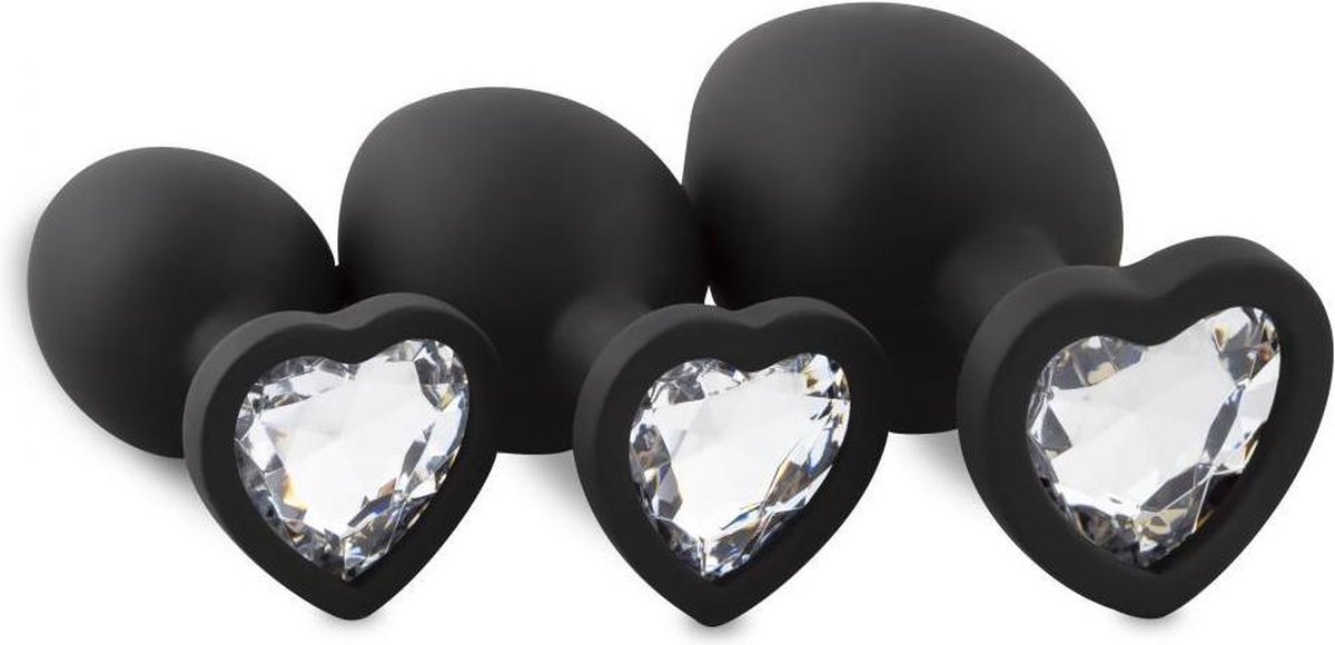 Siliconen Buttplug Set Met Diamantjes - Hart - Zwart