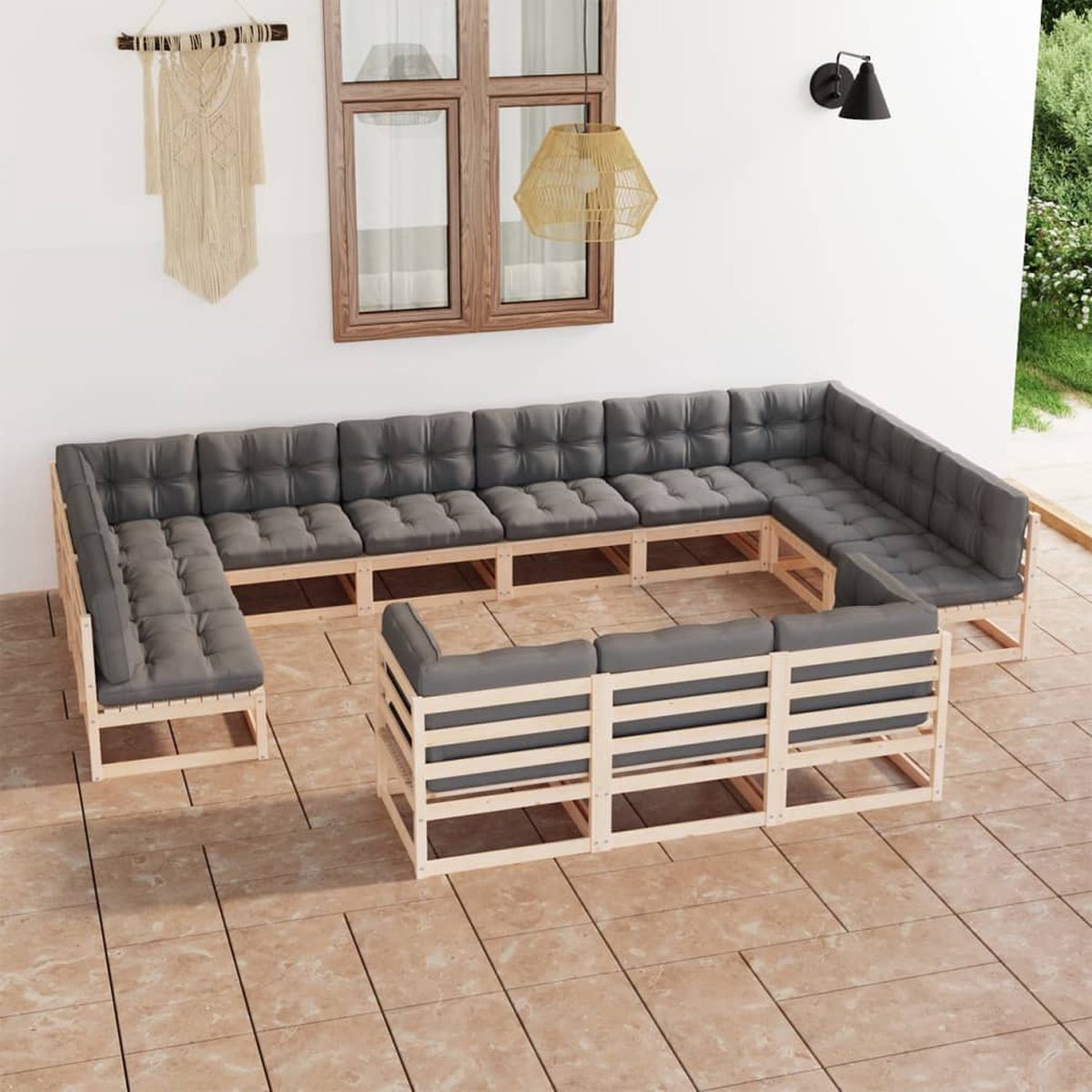 Vidaxl 13-delige Loungeset Met Kussens Massief Grenenhout - Gris