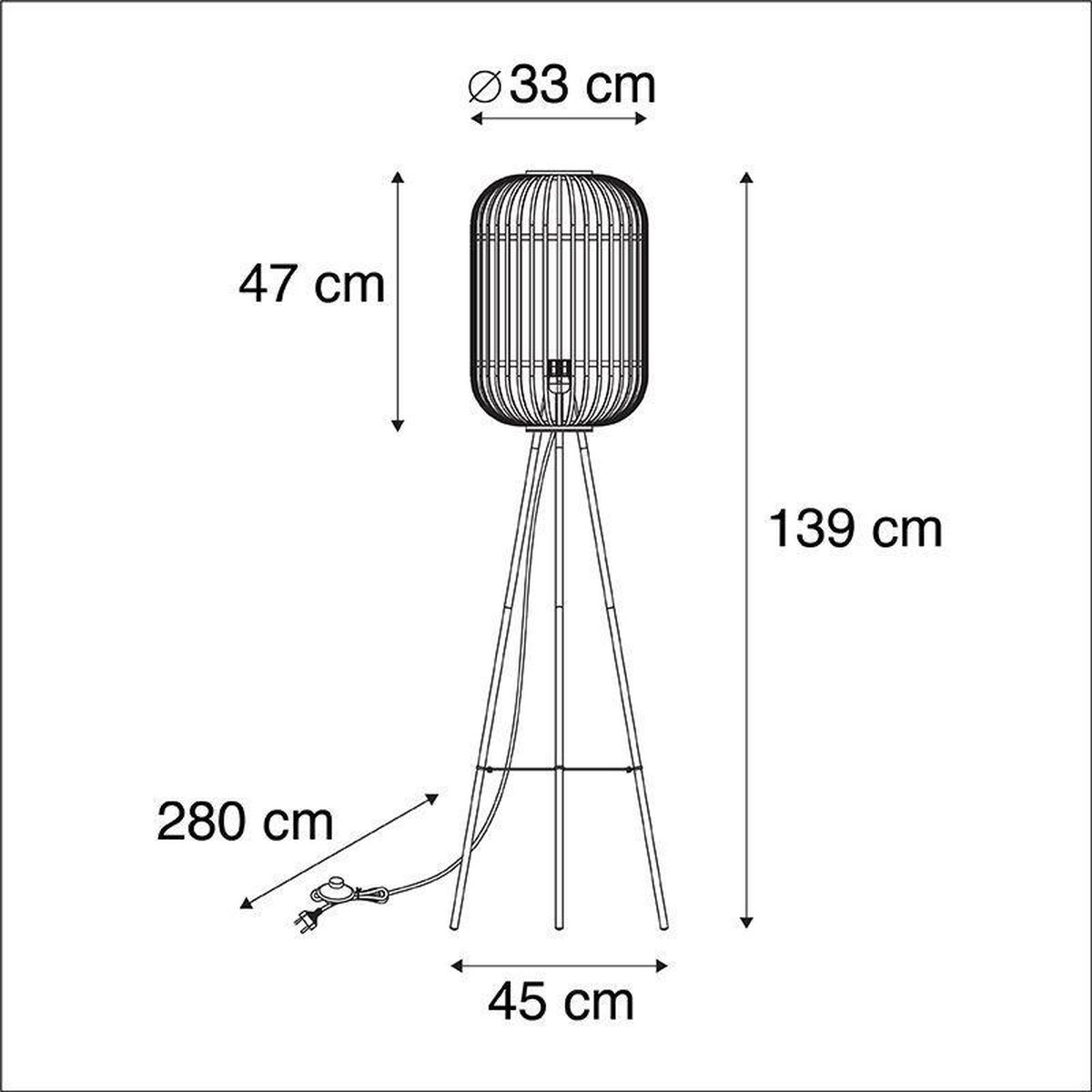 Freelight Vloerlamp Treccia 3 Poot Rotan H 139 Cm - Zwart