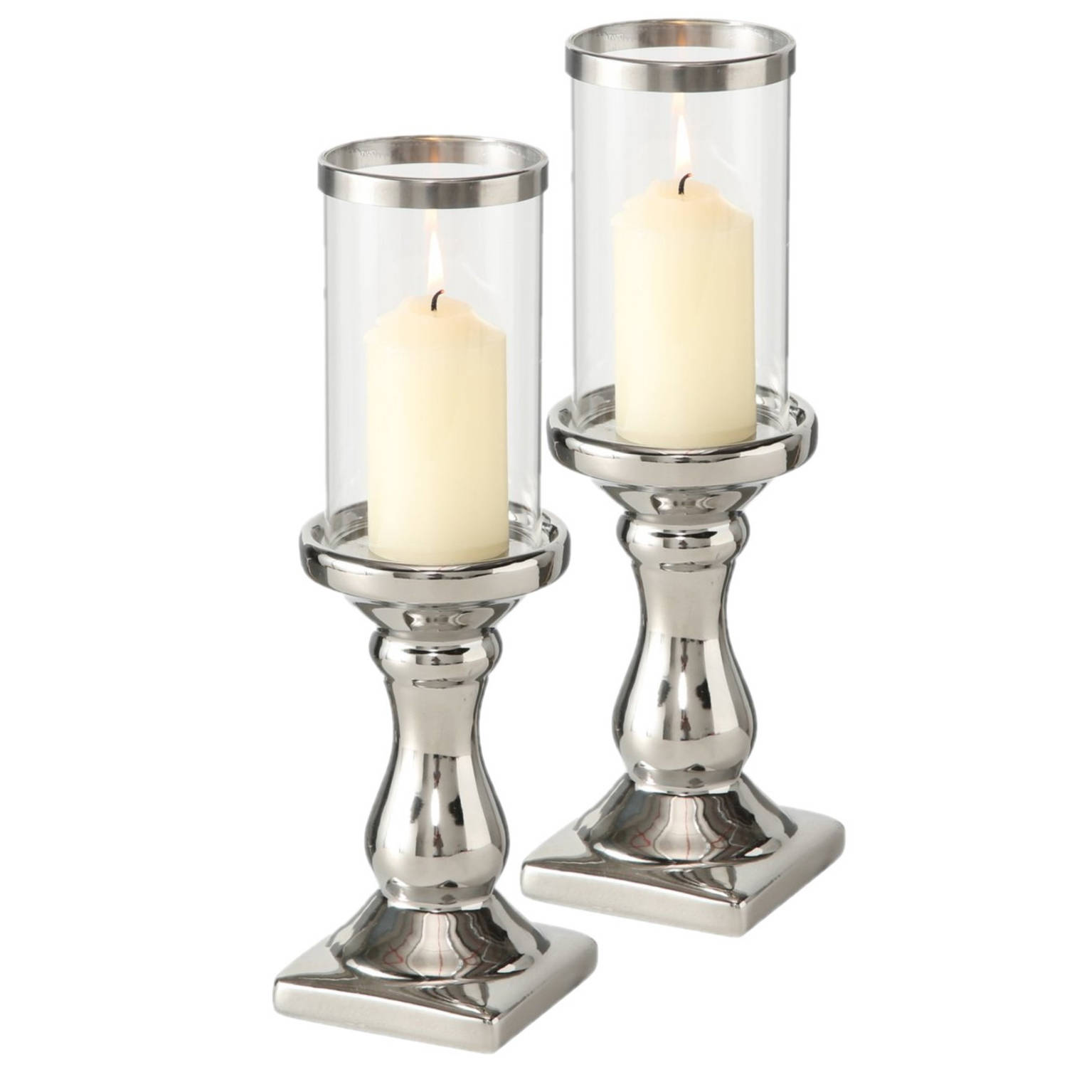 Set Van 2x Stuks Zilveren Keramiek Kaarsenhouder/windlicht Voor Stompkaarsen 31 X 9 Cm Met Glazen Top - Silver