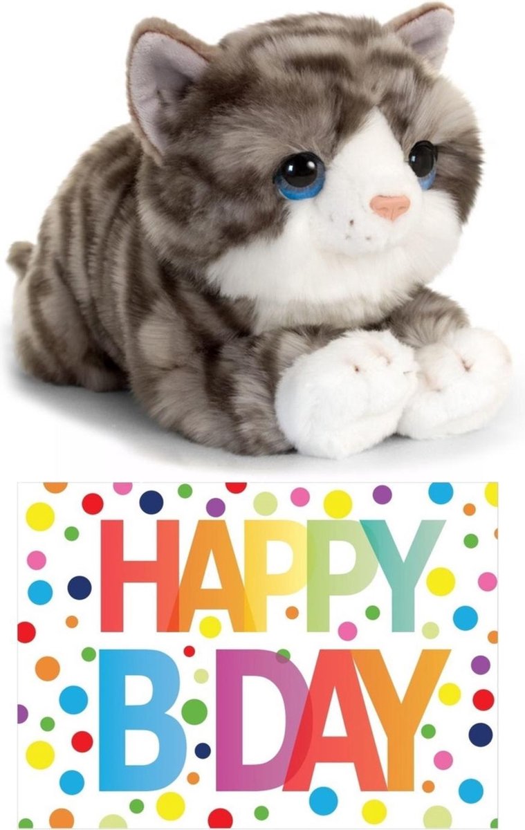 Bellatio Decorations Cadeau Setje Pluche Grijze Kat/poes Knuffel 32 Cm Met Grote A5 Formaat Happy Birthday Wenskaart - Grijs