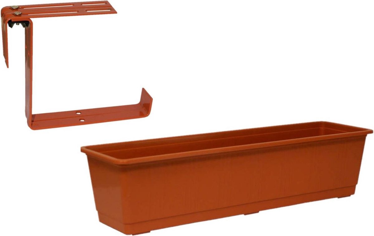 Kunststof Plantenbak Terracotta Rechthoekig 60 Cm Met 2 Verstelbare Railing Beugels - Bruin