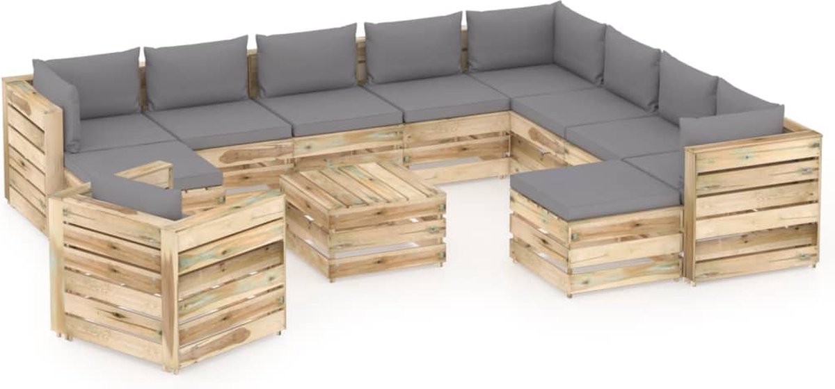 Vidaxl 12-delige Loungeset Met Kussens Geïmpregneerd Hout - Grijs