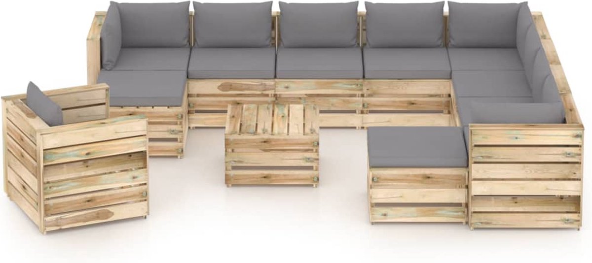 Vidaxl 12-delige Loungeset Met Kussens Geïmpregneerd Hout - Grijs