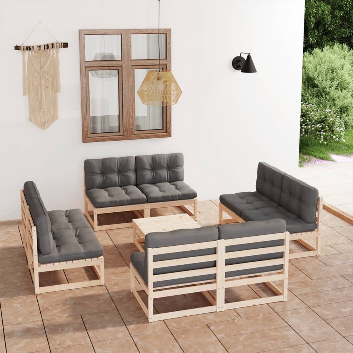 Vidaxl 9-delige Loungeset Met Kussens Massief Grenenhout - Gris