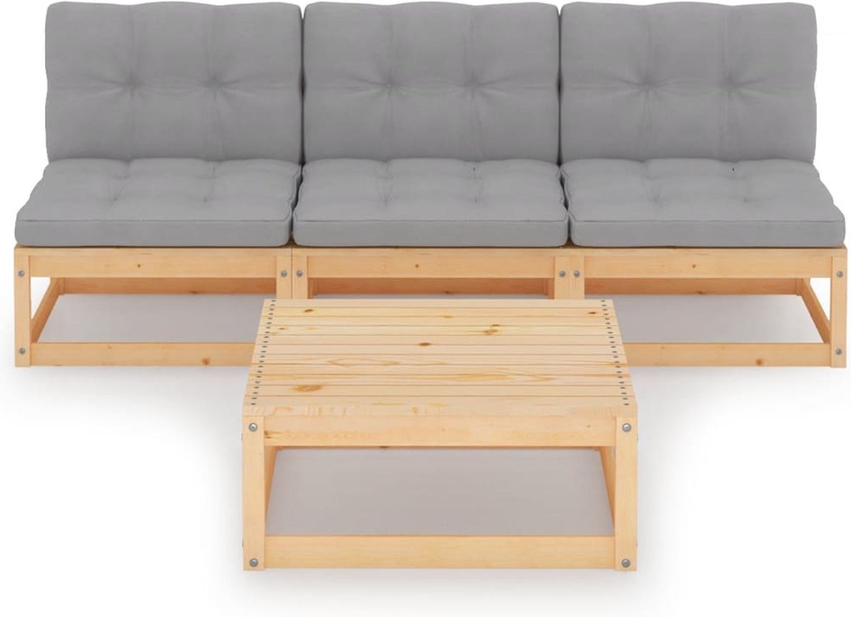 Vidaxl 4-delige Loungeset Met Kussens Massief Grenenhout - Grijs