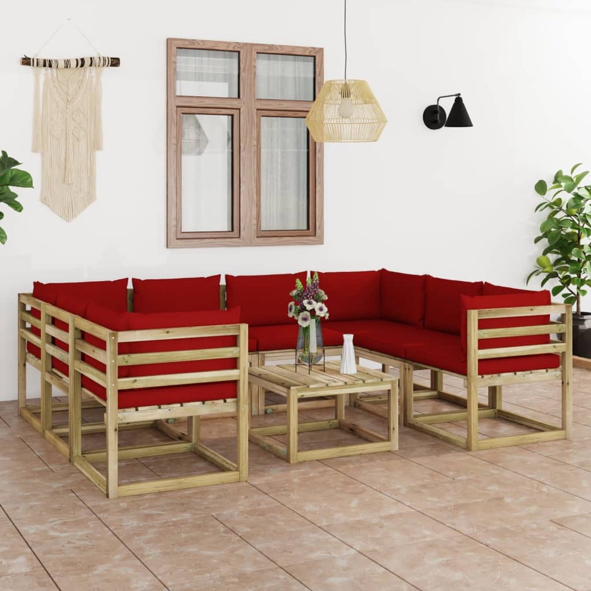 Vidaxl 9-delige Loungeset Met Kussens Geïmpregneerd Grenenhout - Rood